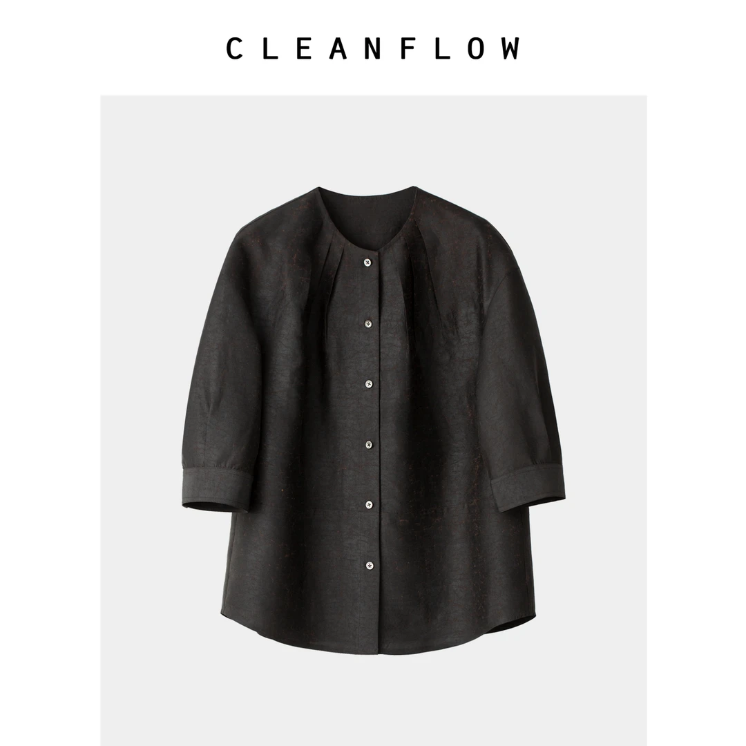 CLEANFLOW | 香云纱花苞领七分袖衬衫女高级感2025夏新款气质上衣