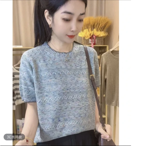 星空幻彩圆领钩花针织衫短袖夏季新款洋气宽松遮肚T恤女