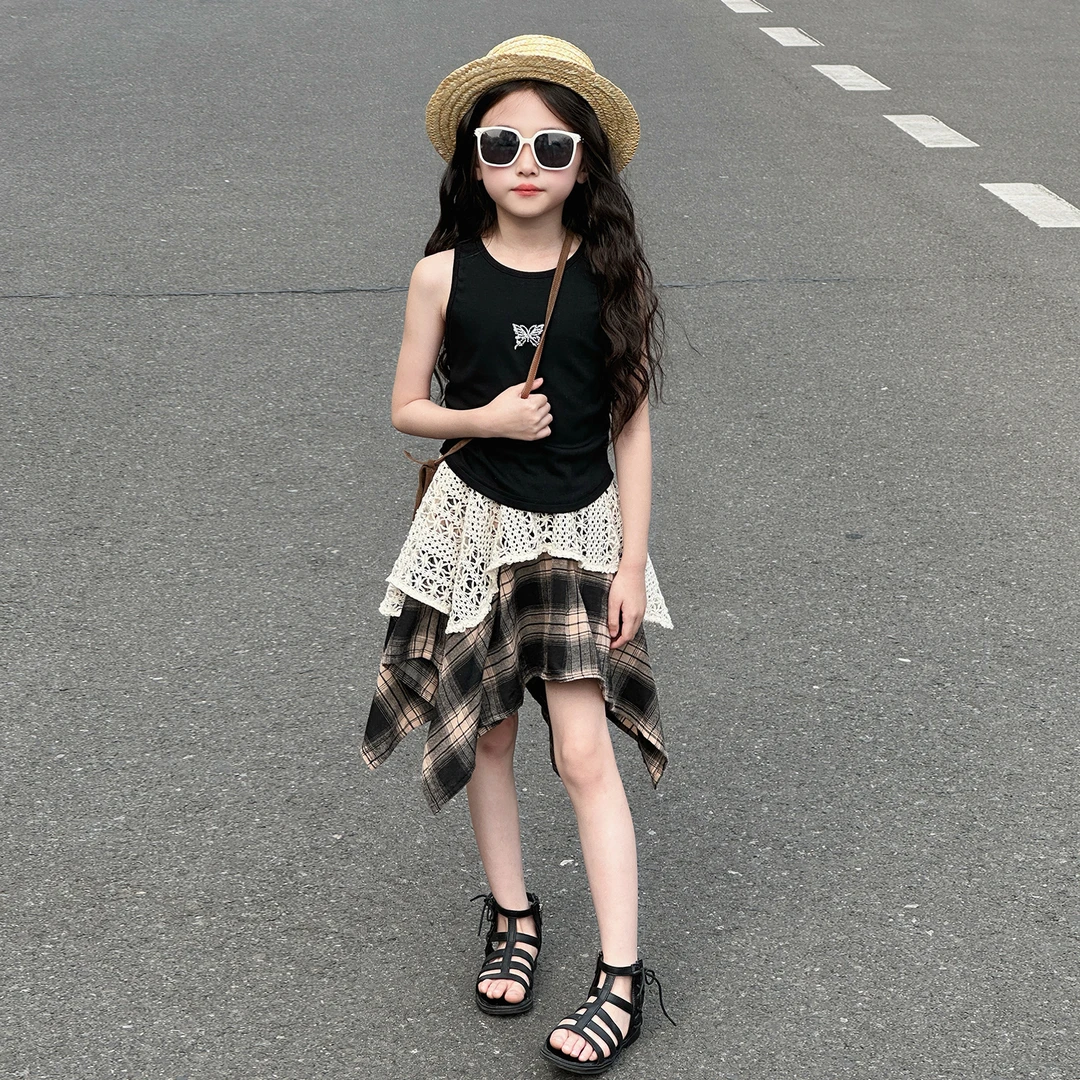 女童套装夏季2025新款女大童时髦炸街不规则半身裙儿童格子短裙潮