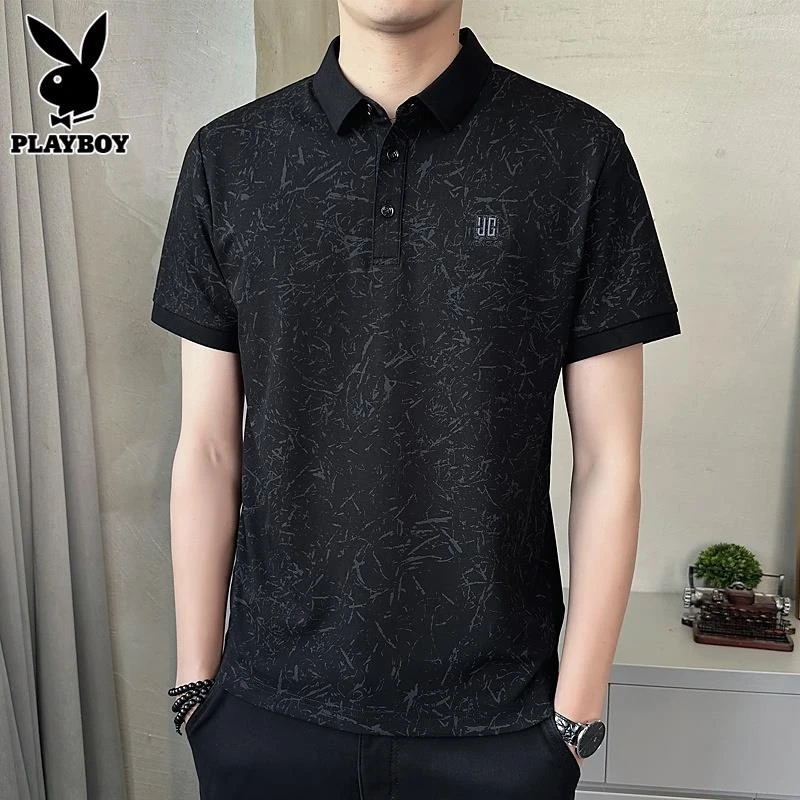 花花公子冰丝短袖t恤男士夏季新款轻薄Polo衫印花翻领百搭上衣男