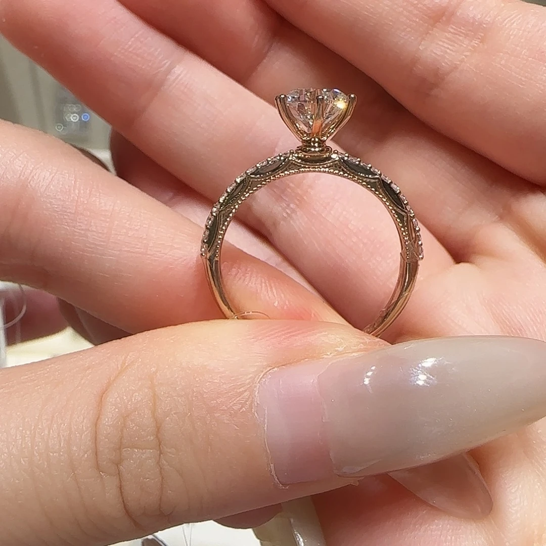 实验室培育钻石18K金镶嵌一克拉玫瑰金婚纱戒指 11-17圈