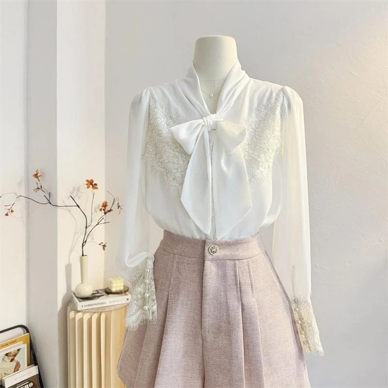 睫毛蕾丝拼接系带蝴蝶结雪纺长袖衬衫女2025春季减龄法式小衫上衣