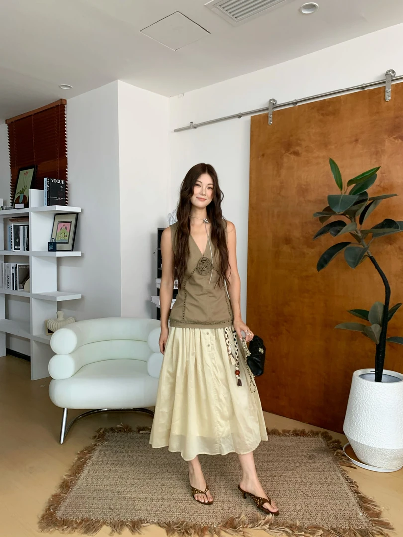 MAR 夏季新款气质氛围感百搭松弛天丝混纺百褶半身裙女606188