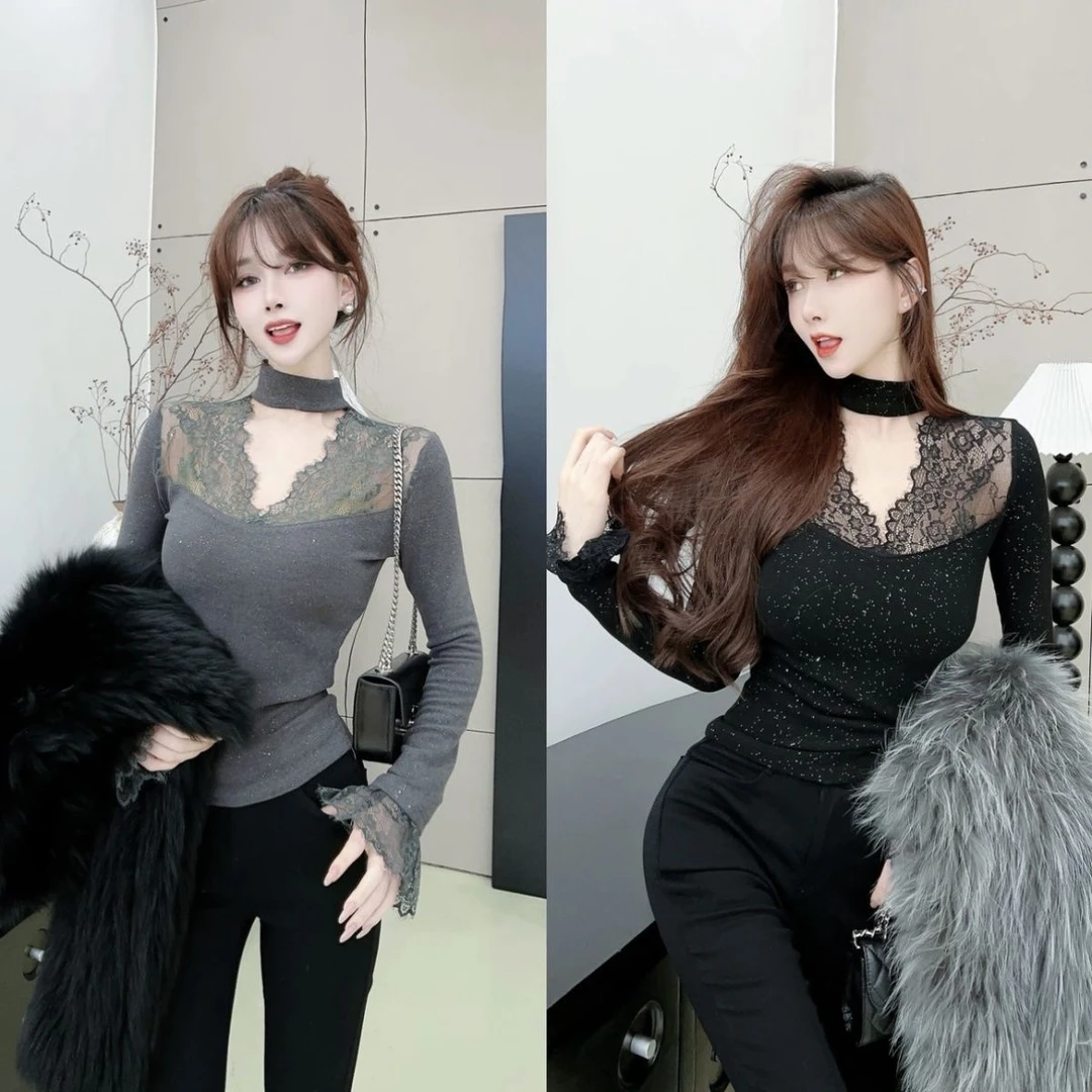 气质V领打底全身细闪2024秋冬新款设计感修身显瘦内搭拼接挂脖衫