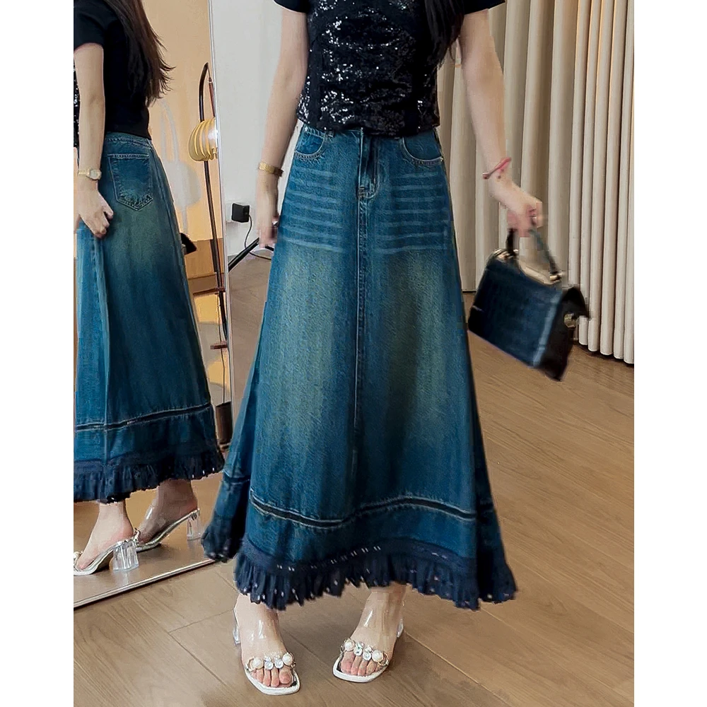 0689复古流苏花边天丝牛仔半身裙夏季高腰垂感镂空中长款A字裙子