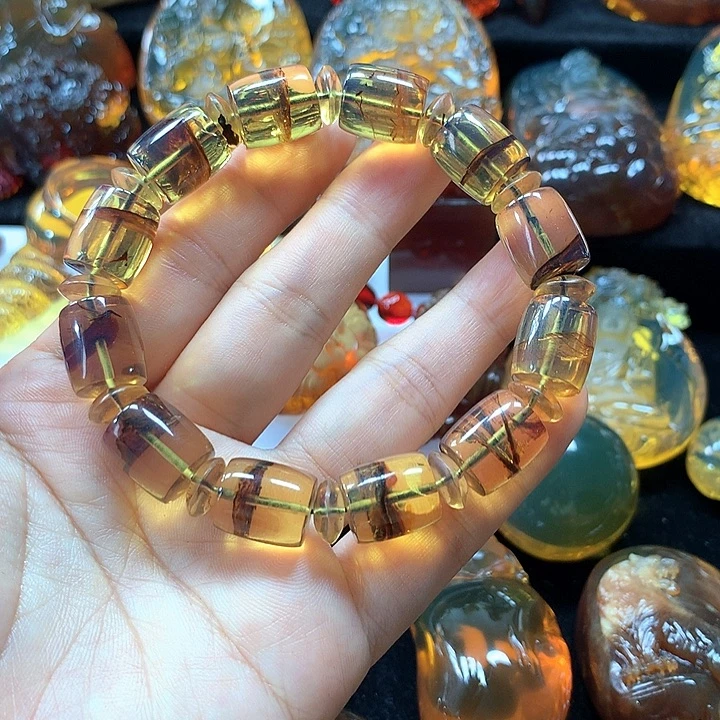 裸石琥珀未镶嵌蓝珀植物一线天手串