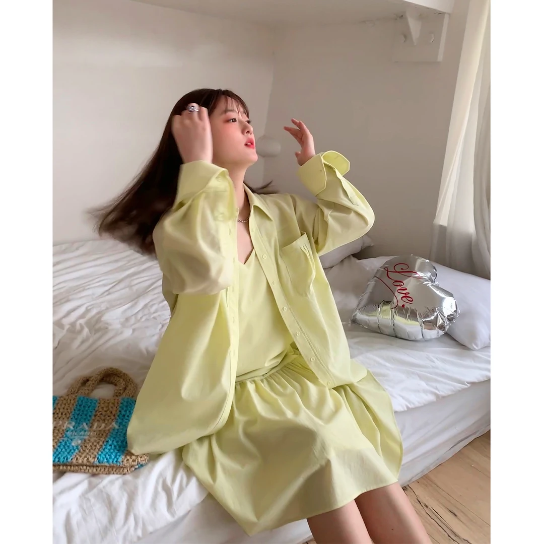 白标~尼斯时光~吊带连衣裙&衬衫2件套女时尚百搭纯色裙装套装