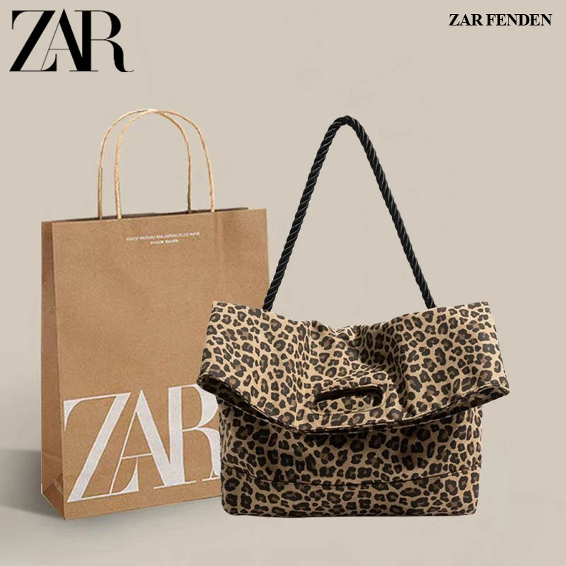 ZAR FENDEN豹纹帆布包2025秋冬新款美拉德风托特包慵懒风单肩包包