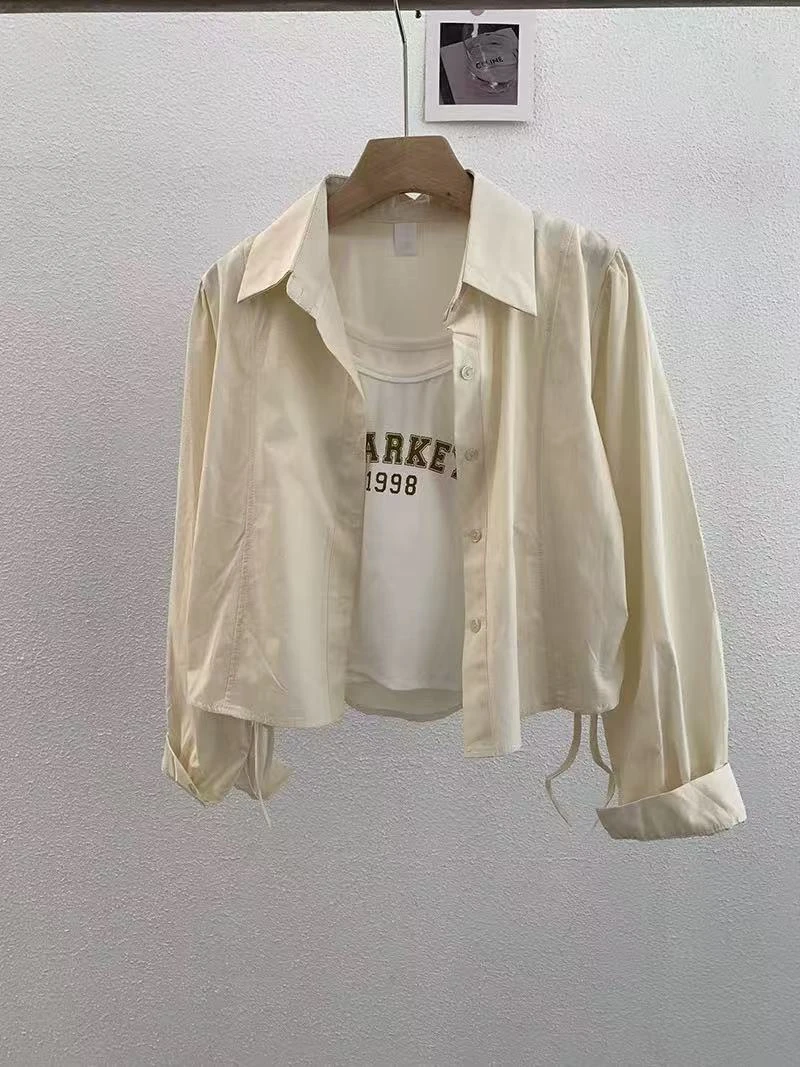 翻领长袖短款字母四季通用衬衫时尚上衣春季夏季简约