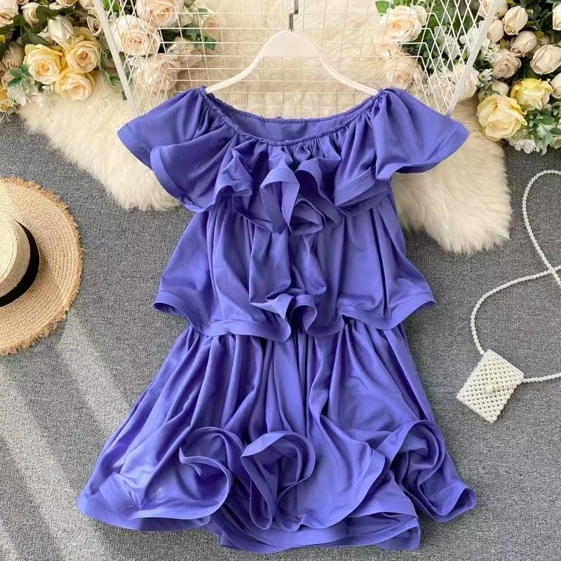 316-B-4-4-1      新款夏季荷叶边拼接设计洋气一字领露肩A字短裙