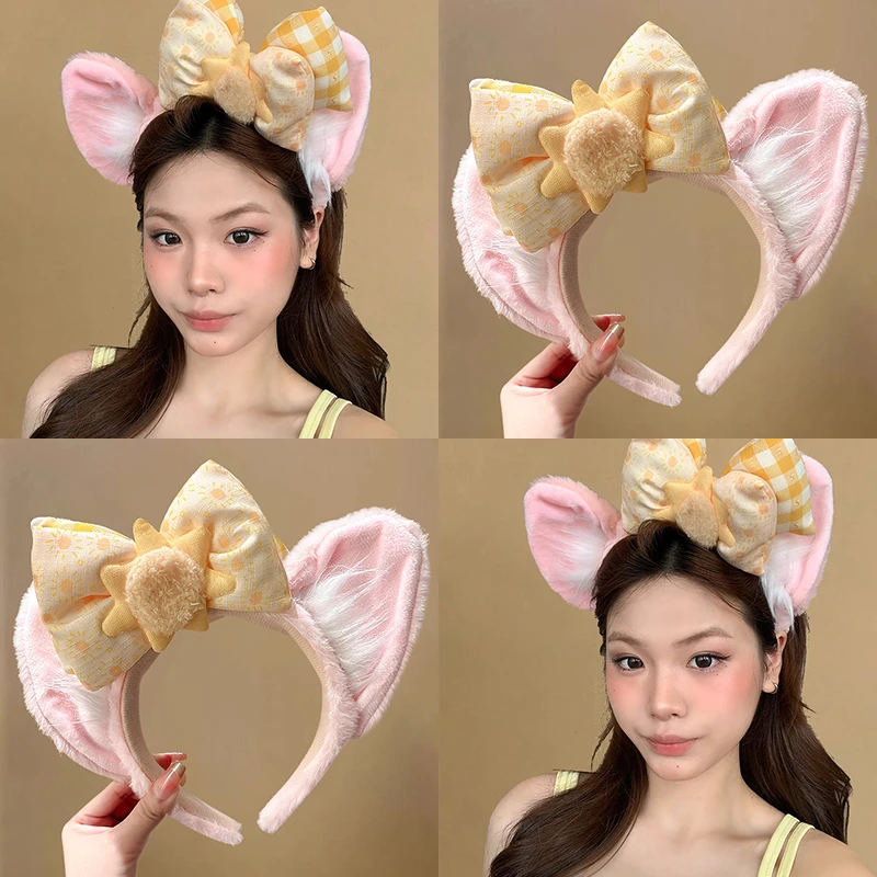 可爱蝴蝶结毛绒耳朵发箍女高级感卡通头箍洗脸发饰游乐园拍照道具