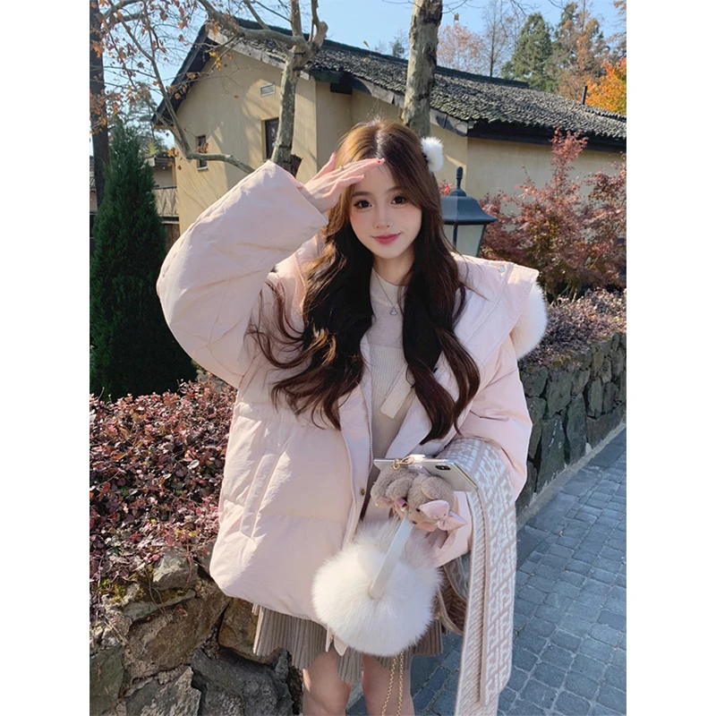 高级感气质毛毛领连帽面包服外套女冬季甜美粉色宽松保暖防寒棉衣
