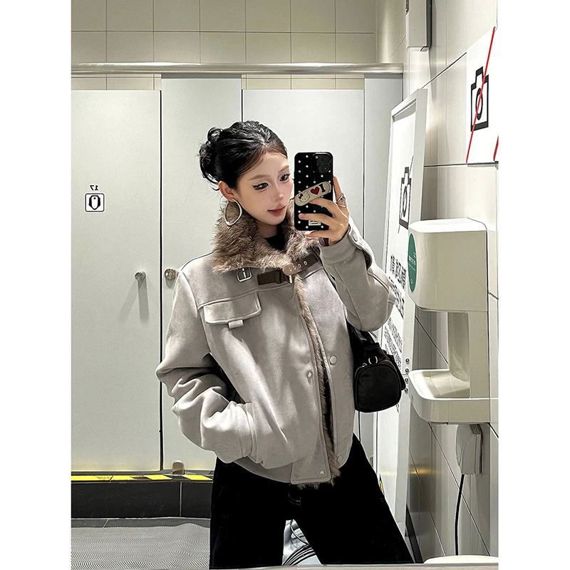 爆爆糖美式复古机车风加绒加厚外套毛毛拼接情侣立领保暖宽松夹克