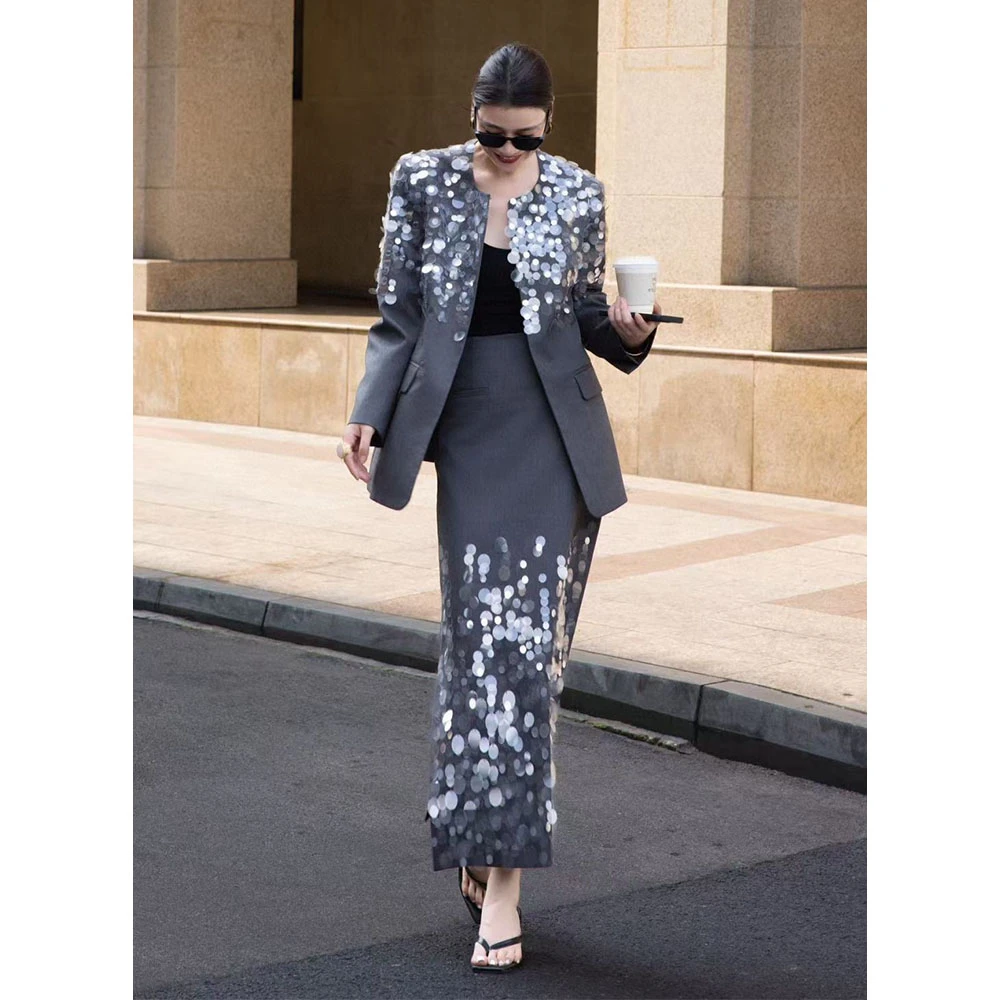 欧美法式高定女装重工订亮片西装半身裙时尚商务女总裁两件套套装