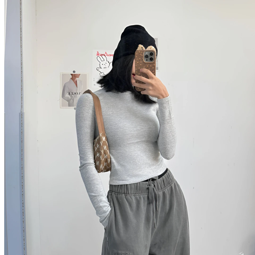 c894百搭灰色半高领女修身型防风短款休闲秋冬简约长袖T恤512