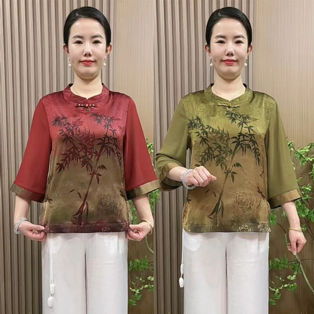 2512妈妈春夏装复古定位花小衫中老年女装夏季大码宽松七分袖上衣