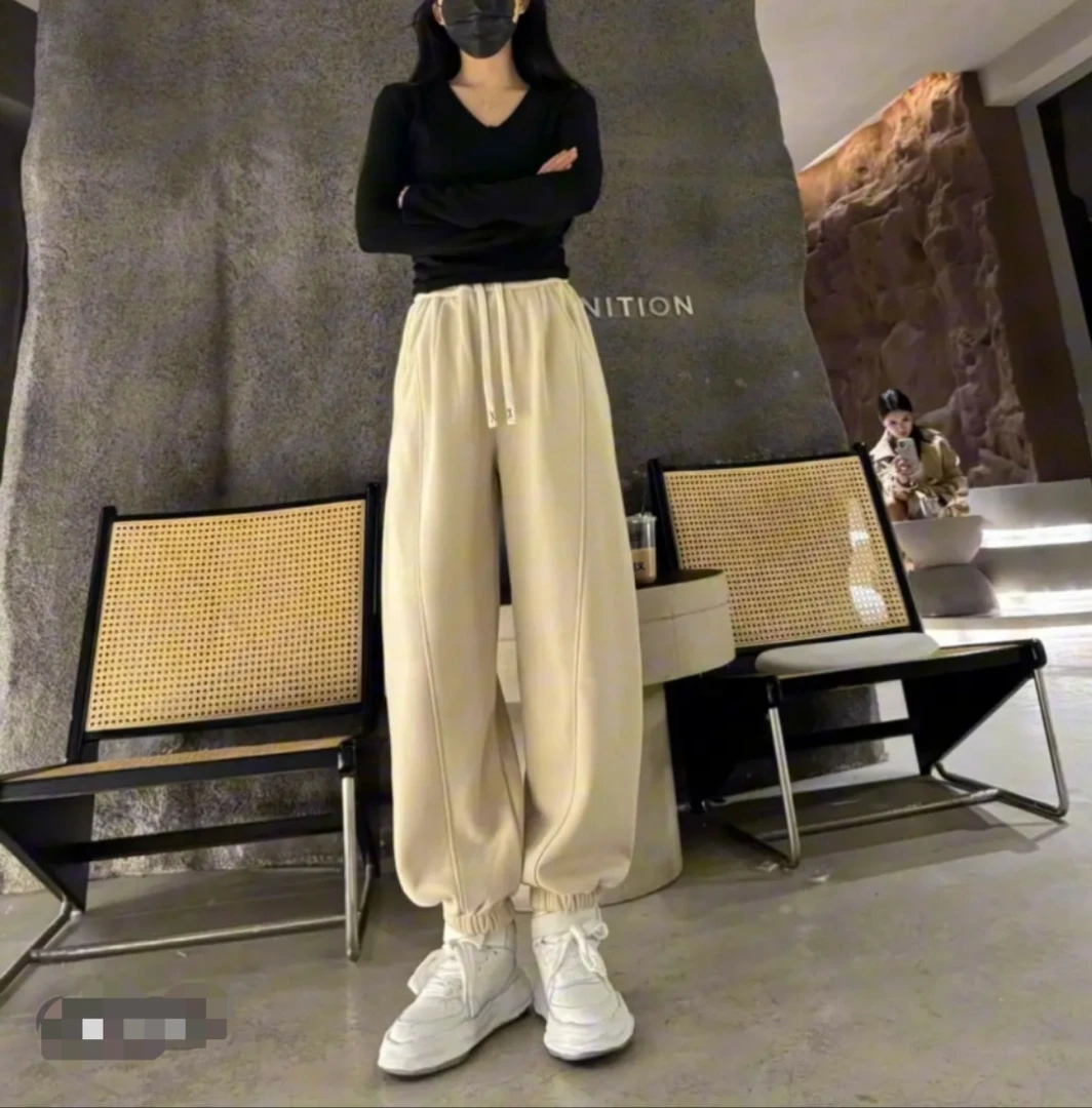 春季新款时尚百搭弯刀高腰束脚显瘦休闲宽松长裤抽绳韩版