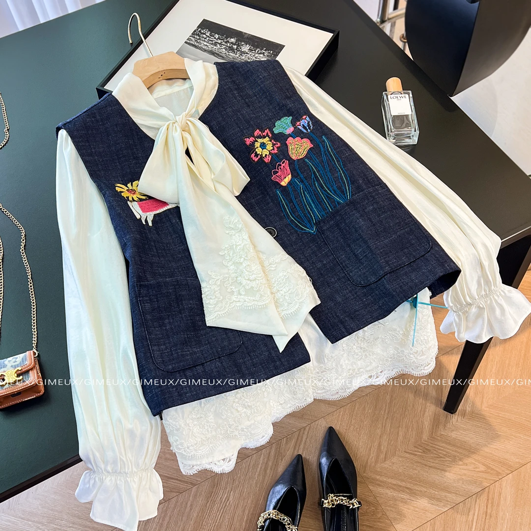 高级感刺绣早秋马甲两件套女2025新款叠穿蝴蝶结蕾丝时髦洋气衬衫