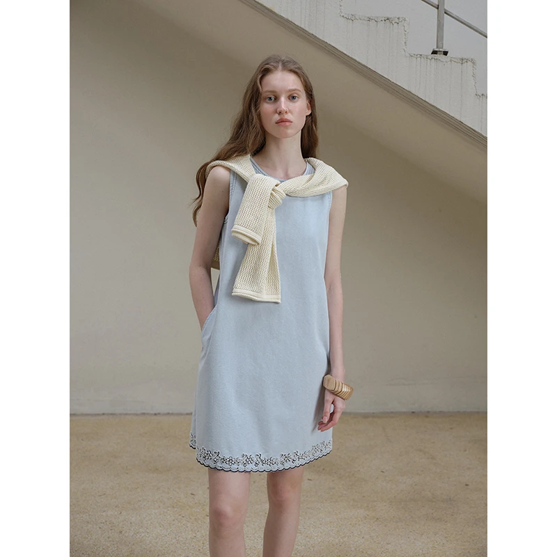 popchrio◆别致钉珠刺绣无袖短款仿牛仔连衣裙小个子宽松背心裙