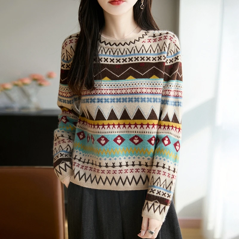 正品哥弟新款羊毛衫百搭民族风女装2025洋气秋冬圆领条纹气质毛衣