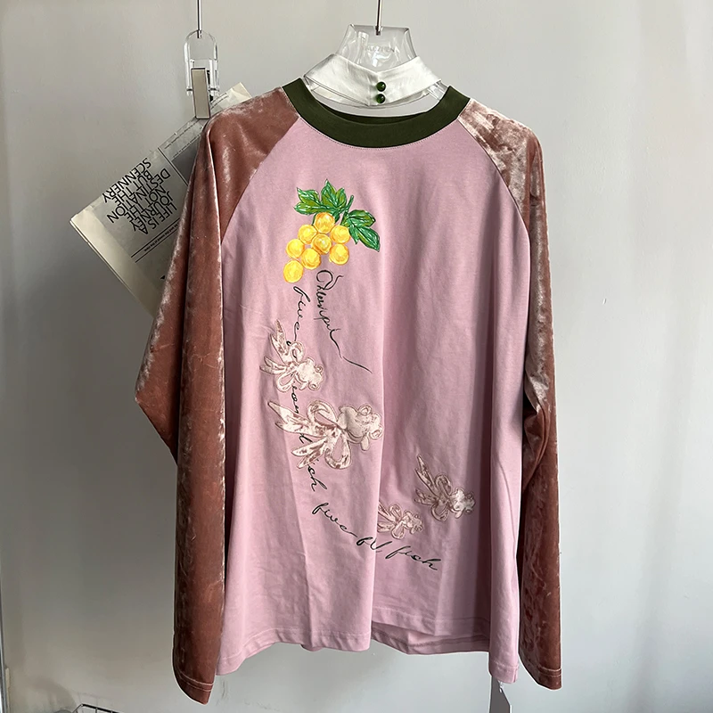 CHEERUPUNIFORM24秋冬新品福福有鱼圆领长款百搭休闲长袖T恤