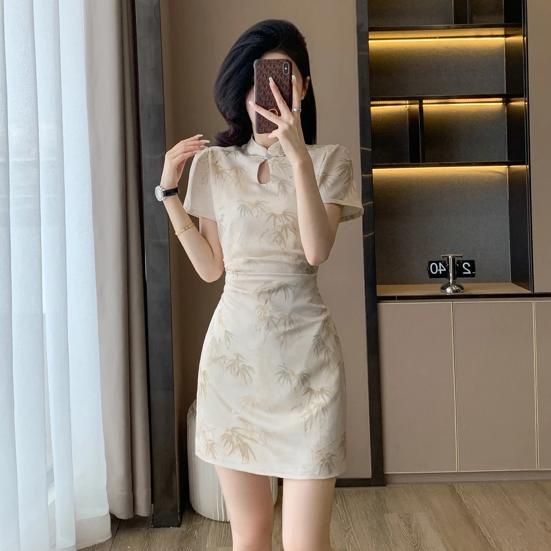 夏季新款竹叶印花新中式国风改良旗袍裙小个子复古优雅气质连衣裙