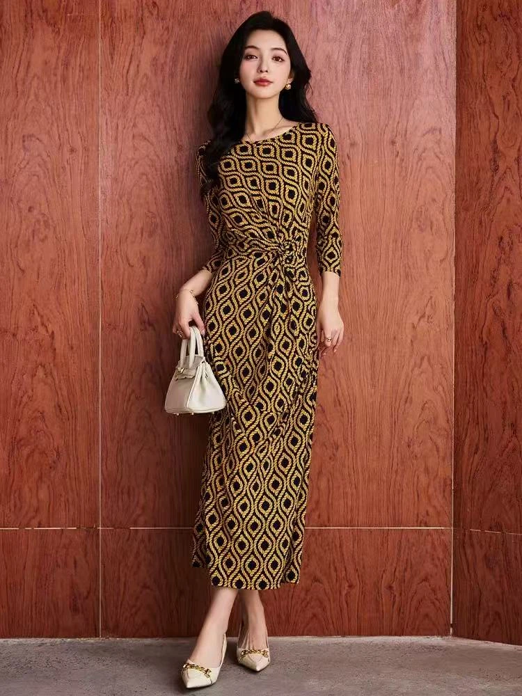 黄色罗马印花弹力裹身裙收腰显瘦连衣裙