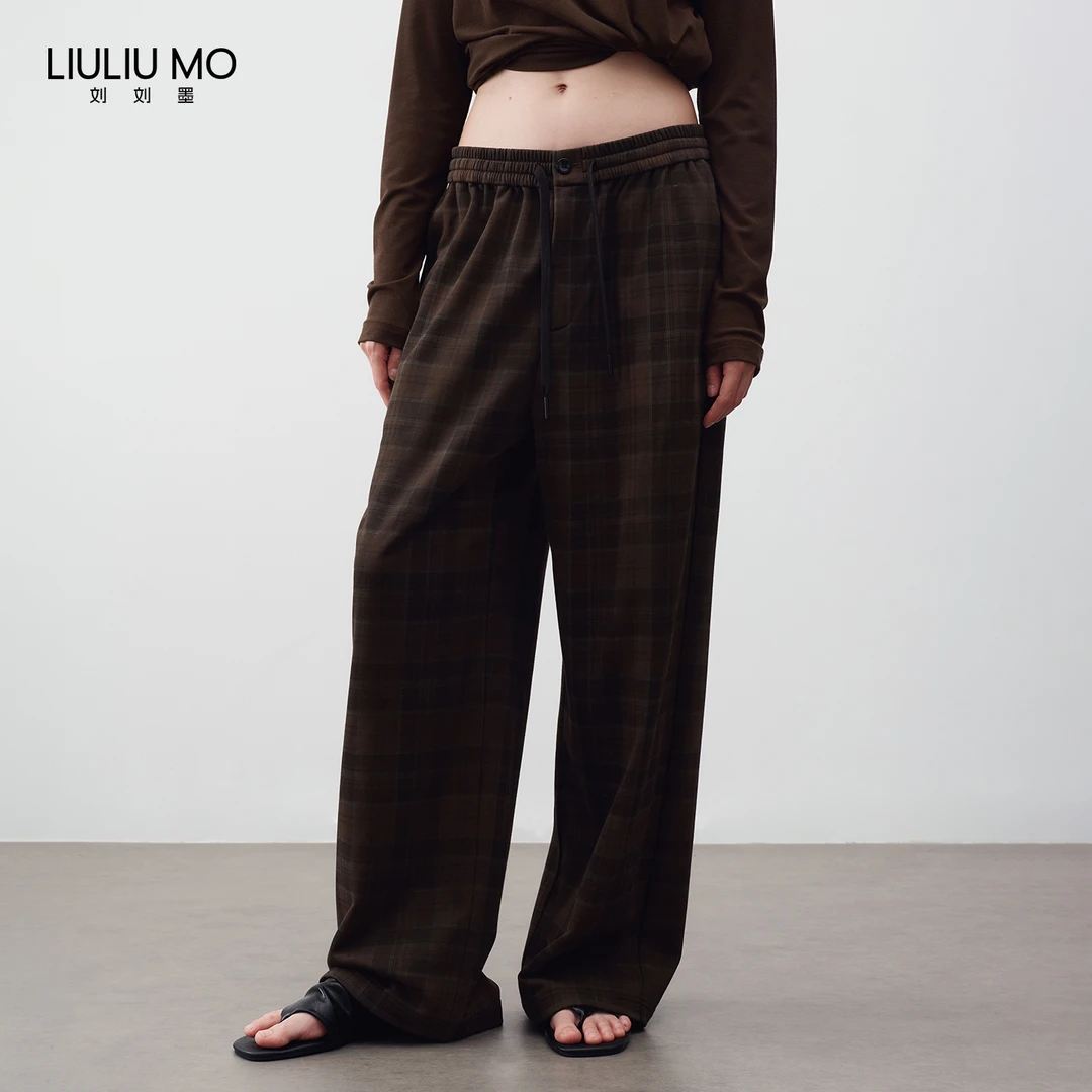 刘刘墨小众设计新款时尚复古个性秋冬咖色格子休闲百搭直筒裤