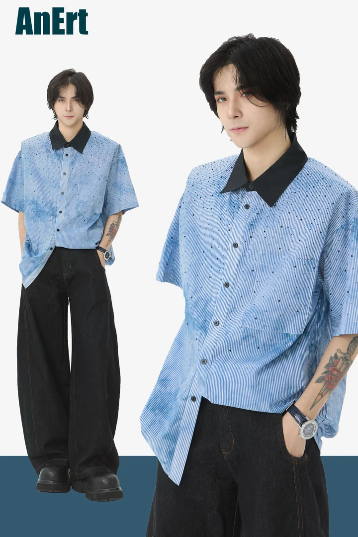 AnErt薄款短袖对襟夏季宽松极简风衬衫男士潮流春日慢人风烫钻