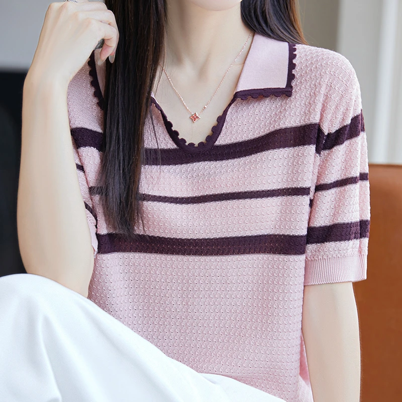 大码女装夏季新款翻领条纹冰丝针织时尚短袖t桖宽松显瘦遮肚上衣