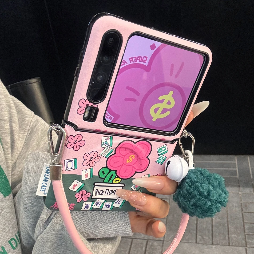 适用华为purax典藏版手机壳粉白皮质pocket2花朵文字麻将毛球手绳