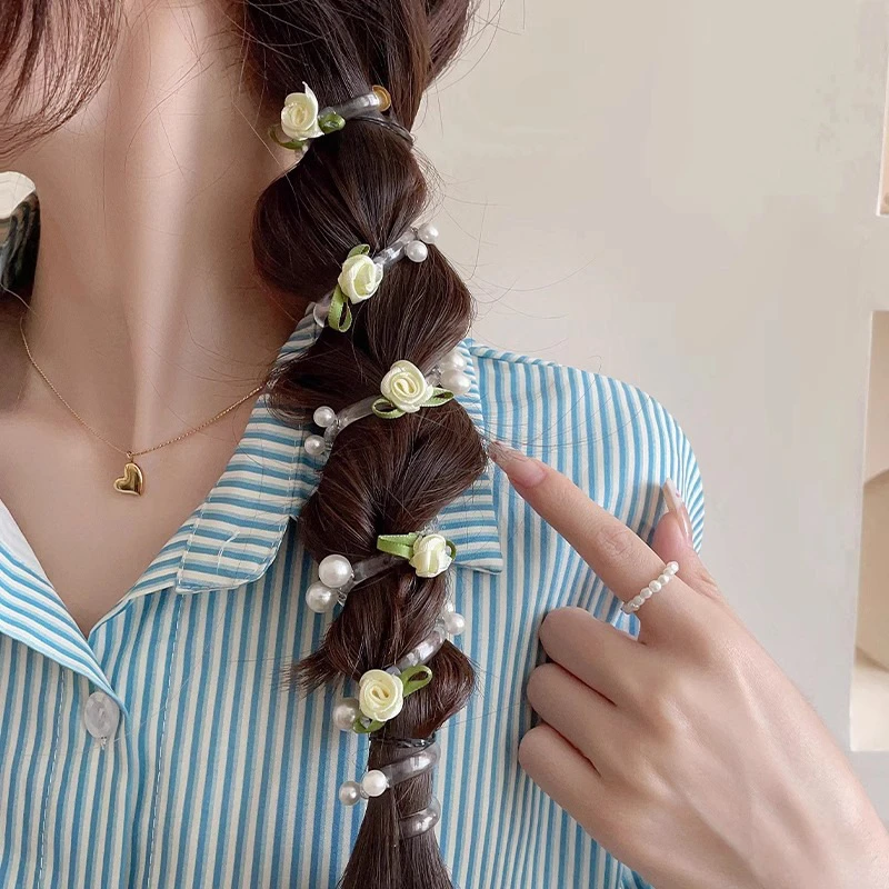 新款甜美玫瑰珠珠电话线发圈头花马尾泡泡辫神器编发绳扎头发头饰