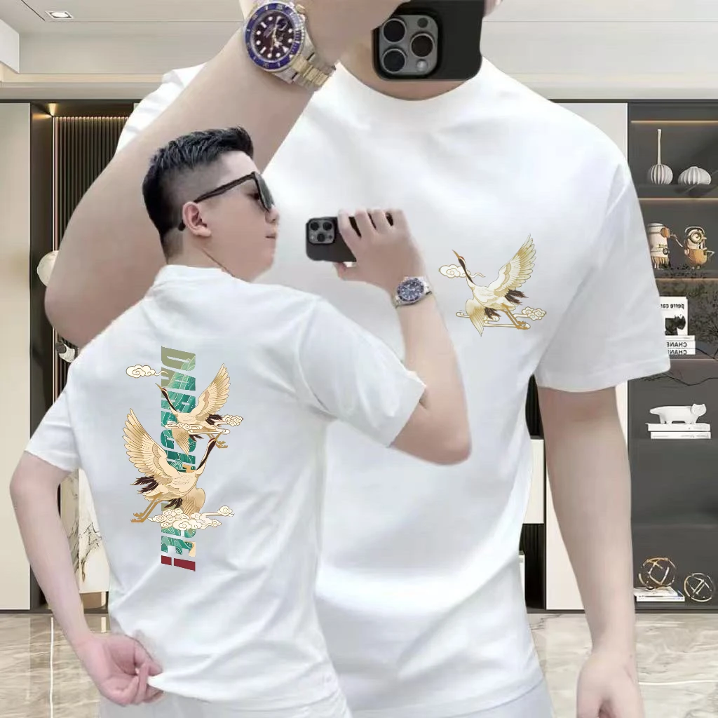 2025春夏新款中国风仙鹤印花短袖T恤修身纯棉百搭潮牌上衣