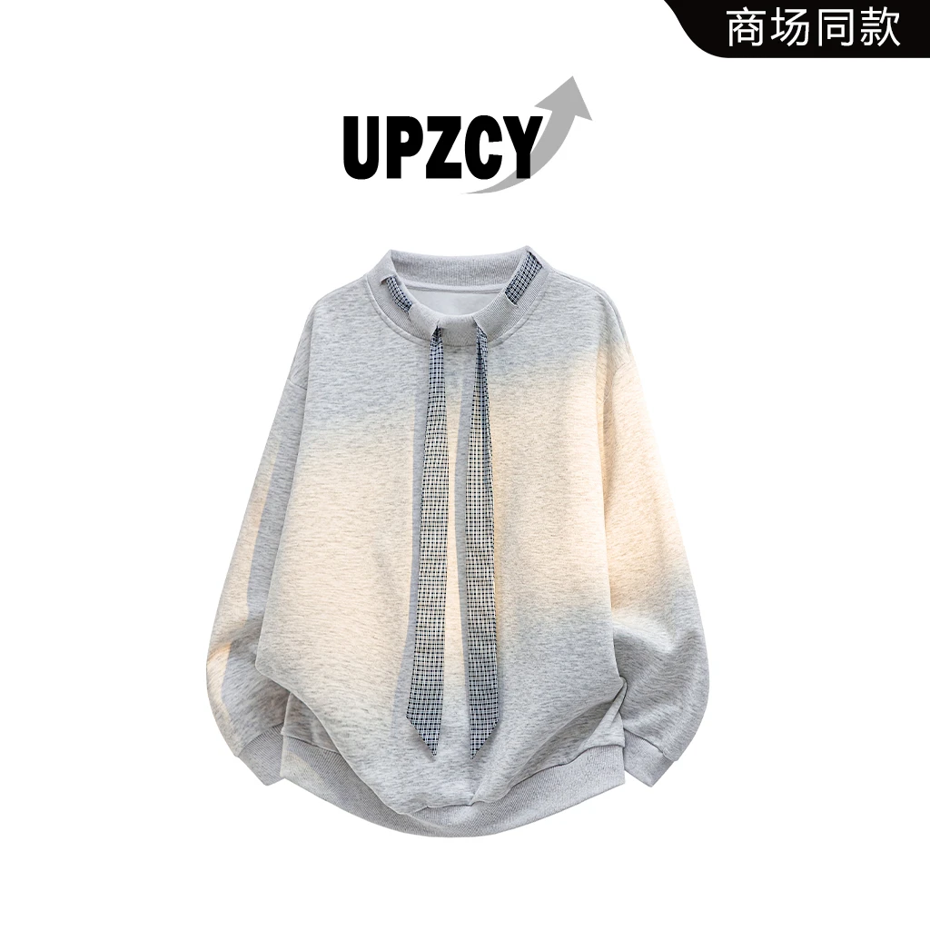 UPZCY大码潮流长袖圆领卫衣男士秋季新款宽松领带设计高级感上衣