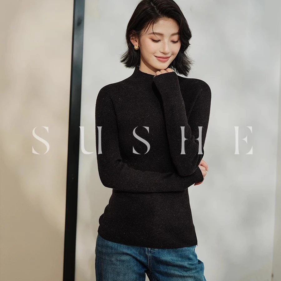 束皙SUSHE绵羊毛加厚打底修身黑色高领长袖针织衫气质百搭女冬