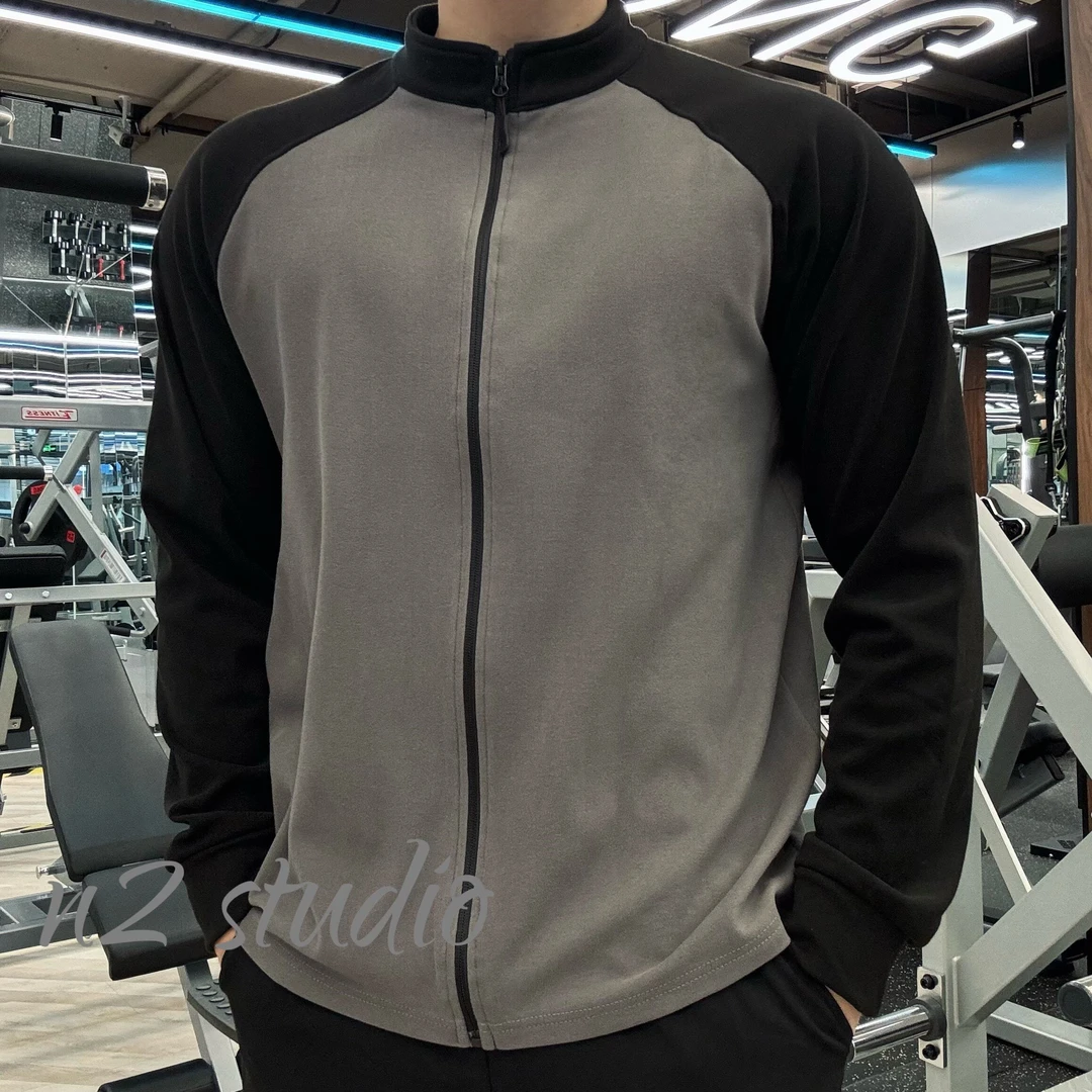 双面绒拉链圆领拼接长袖肌肉健身男休闲兄弟训练运动T恤上衣