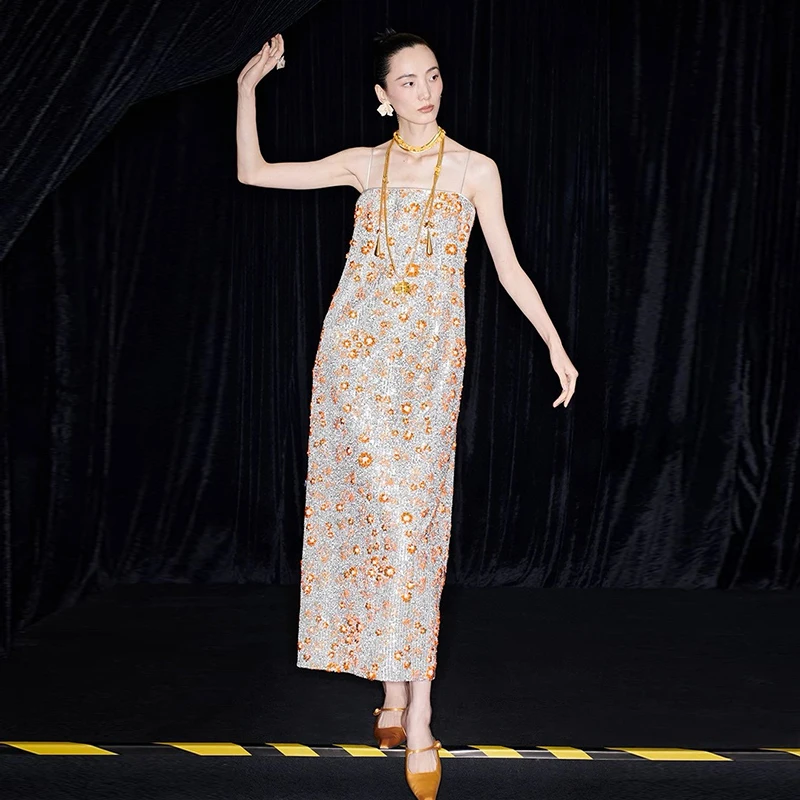 M essential 马 凯朱柿绣 布修身吊带礼裙显瘦收腰长裙女