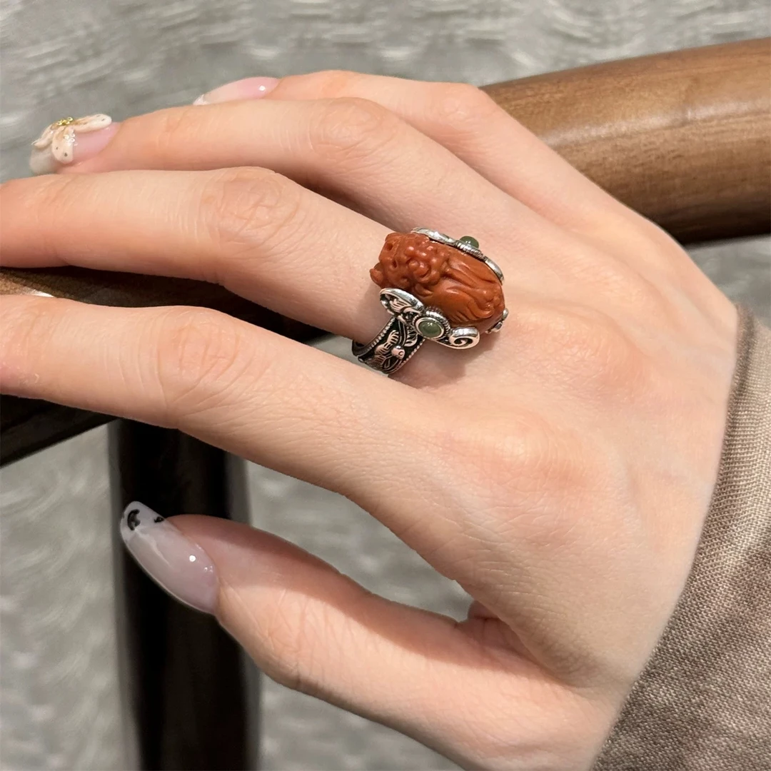 J13217<非晚>s925银复古气质南红貔貅做旧戒指 个性