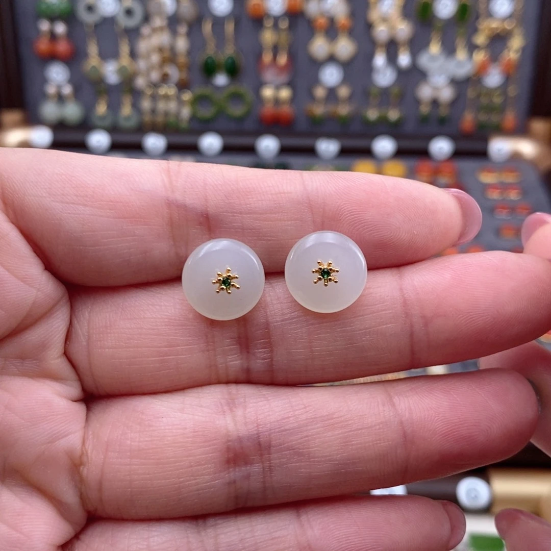 银S925镶嵌和田玉耳饰孟*玉