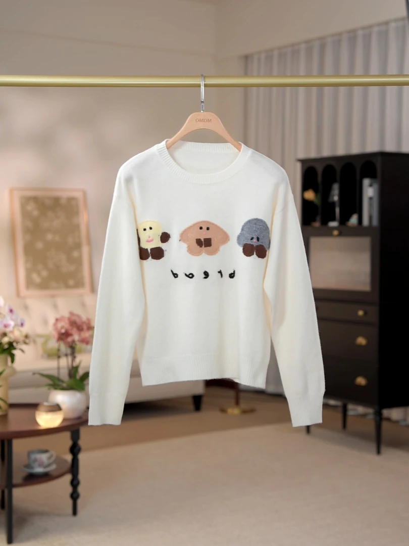 “面包萌宠”(330g)卡通图案提花绣花慵懒风宽松针织衫圆领毛衣