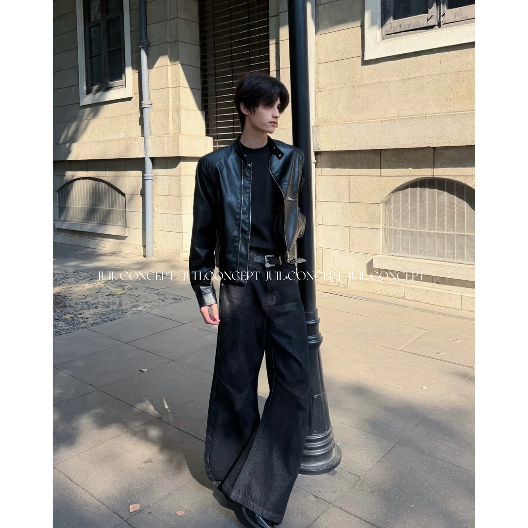 JIU.L 【暗红明线 弯刀原牛】阔腿clean fit宽松微喇休闲裤牛仔裤男