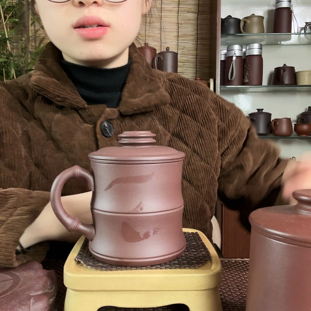 紫砂茶杯深井紫泥小竹段三件套没礼盒300CC左右