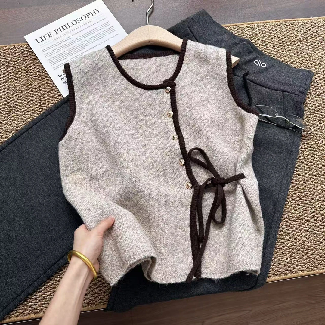 绑带马甲~韩系设计感 精致百搭气质背心开衫针织衫Y5758燕麦