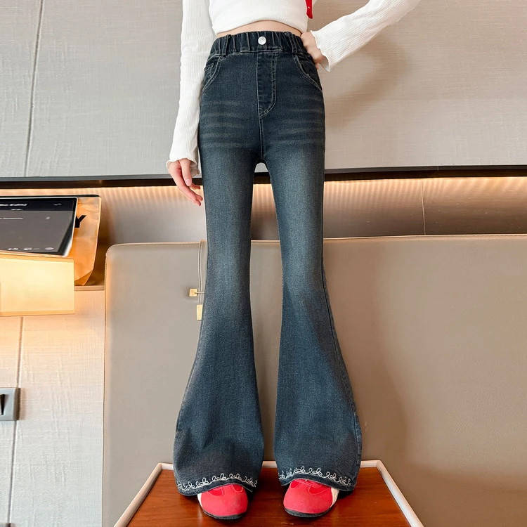 女童喇叭裤2025秋季新款6-12岁15岁修身牛仔裤洋气时髦大童微喇裤