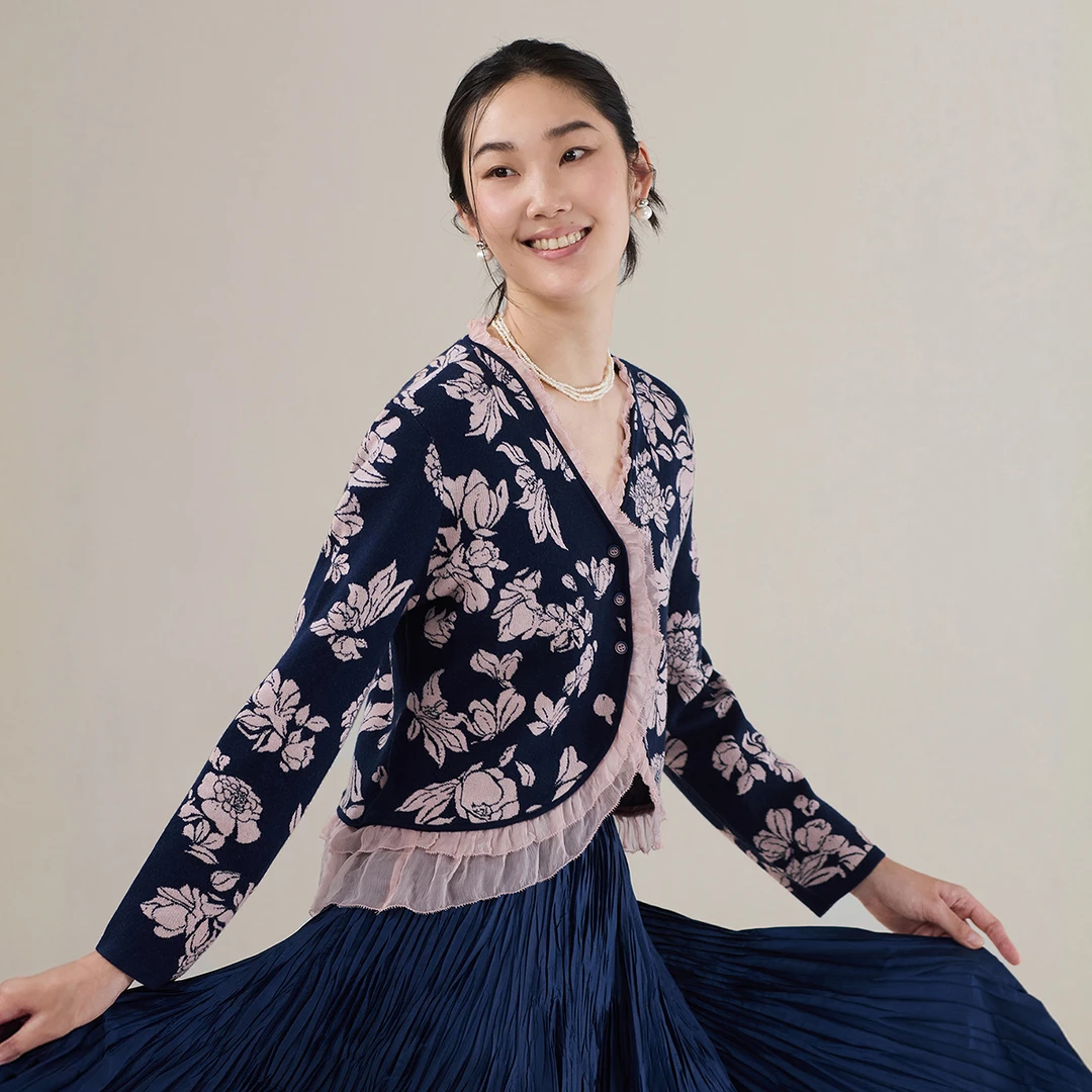 生活在左提花毛织外套优雅花边2025秋季新款国风上衣女