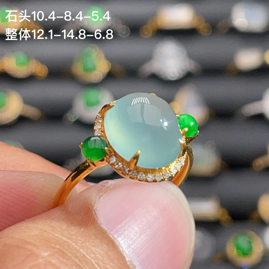 18K金天然翡翠A货-104蛋面高冰戒指K黄1780镶嵌钻石珠宝玉石底色