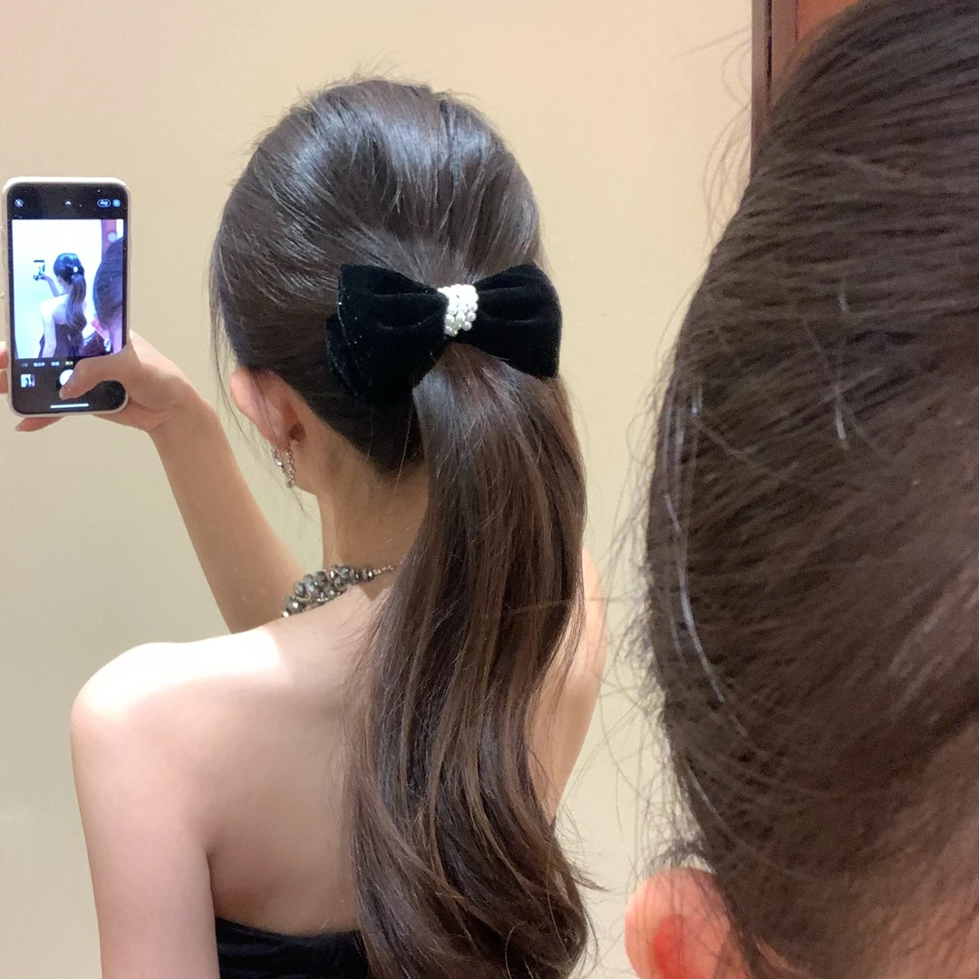 淑媛世家 黑色丝绒珍珠蝴蝶结香蕉夹头饰女百搭发夹千金风发饰