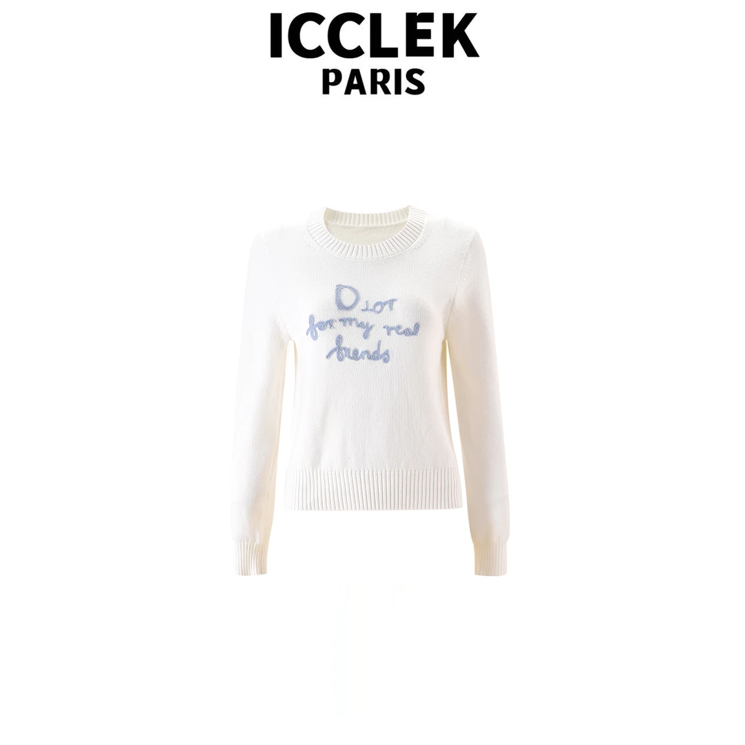 ICCLEK 白色圆领字母针织减龄百搭时尚上衣气质简约百搭显瘦-5931