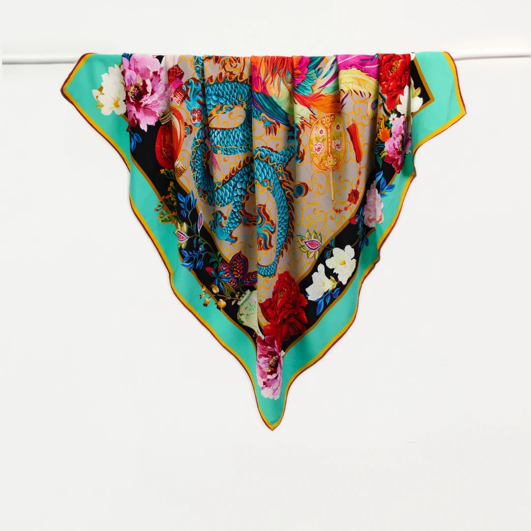 PJ012披肩 龙凤呈祥玫瑰丝巾 90cm