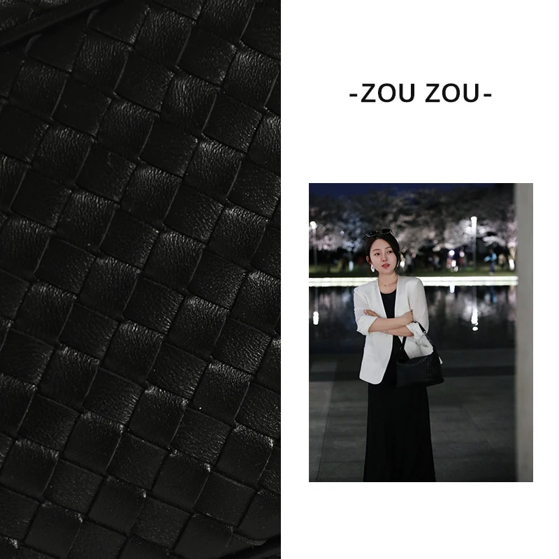 邹邹小个子新品 复古羊皮编织感手提包高品质黑色真皮女士斜挎包